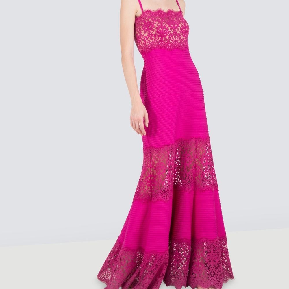 Tadashi Shoji Women Pink Lace Evening Gown